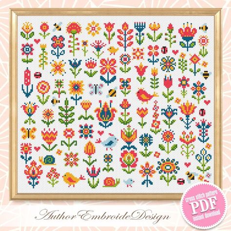 Folk Flowers Cross Stitch Pattern PDF Download Tiny Flower Sampler Cross Stitch, Mini Floral Pattern Digital PDF, Scandinavian Folk P43 - Etsy Mini Cross Stitch Patterns Flowers, Cross Stitch Flowers Simple, Embroidery Diary, Scandinavian Cross Stitch Patterns, Cross Stitch Mini, Flowers Cross Stitch Pattern, Clothing Decoration, Folk Flowers, Sampler Cross Stitch