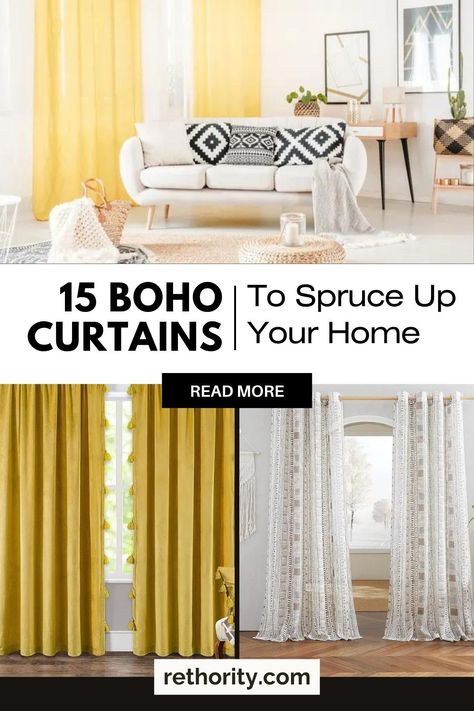 Transform your space with these boho-inspired curtain ideas! Discover unique patterns, textures, and colors to add a touch of bohemian charm to any room. Simple Boho Curtains, Boho Living Room Curtains Ideas Long, Yellow Curtains Living Room Ideas, Boho Curtains Walmart, Boho Living Room Curtains Ideas, Boho Farmhouse Curtains Walmart, Boho Living Room Curtains, Curtains Yellow Walls, Yellow Curtains Living Room