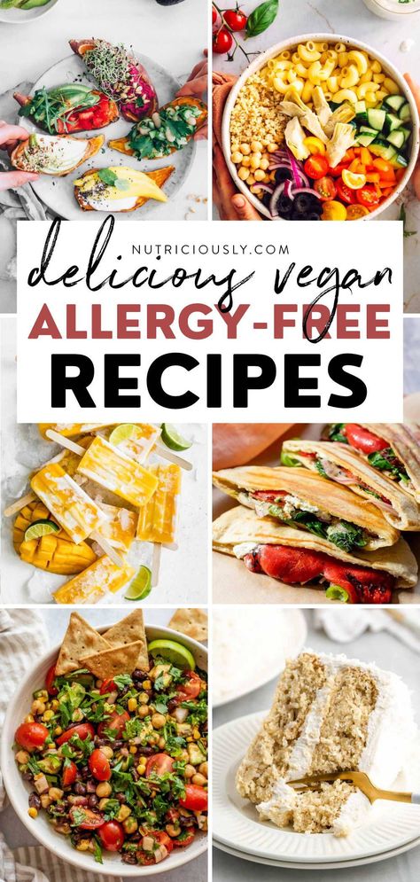 These allergy-friendly recipes are vegan, healthy, easy, and tasty! Find breakfast, lunch, dinner, & snack ideas that are egg-free, nut-free, soy-free, gluten-free, dairy-free, and more. Allergen Free Vegan Recipes, Grain Free Dairy Free Egg Free Nut Free Recipes, Wheat Dairy Nut Free Recipes, Egg Free Lunch Ideas, Dairy Egg And Soy Free Recipes, Wheat Free Egg Free Recipes, Wfpb Gluten Free Recipes, Egg Dairy Gluten Free Recipes, Egg And Milk Free Recipes