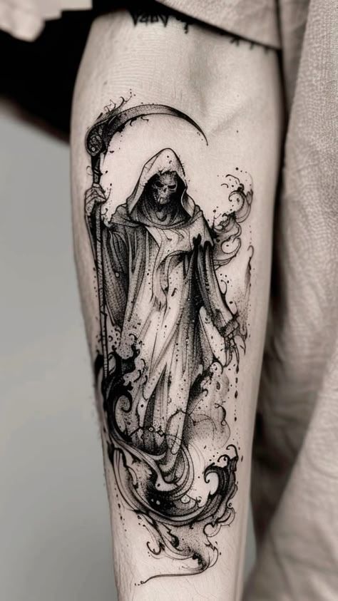 Tattoo Idea Design, Creepy Coffin Tattoo, Tattoo Ideas Top Of Arm, Grim Reaper Tattoos Women, Cool Meaningful Tattoos For Women, Witch Trials Tattoo, Medieval Skull Tattoo, Dark Neck Tattoo Men, Grey And Black Tattoos