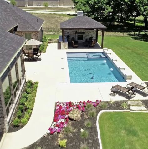 In Ground Rectangle Pools, Backyard Pool Designs Budget, Inground Pool Walkout Basement, Patio To Pool Transition, Simple Inground Pool, Backyard Inground Pool Ideas With Fence, Pools Backyard Inground Rectangle, Inground Pool Ideas Backyards, Pool With Pergola