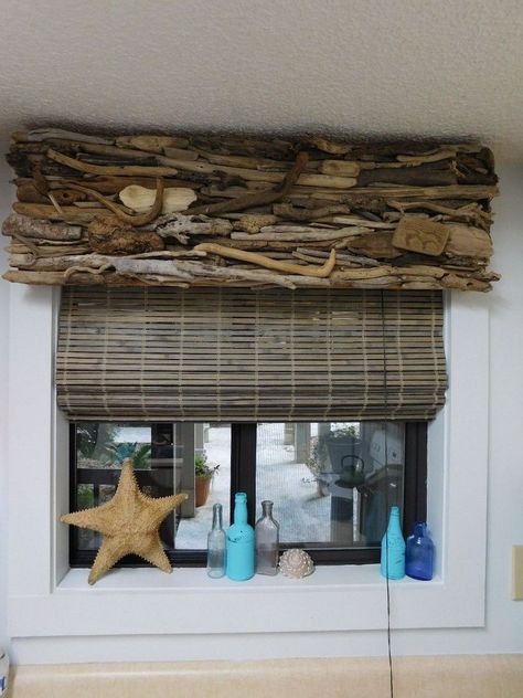 I have a driftwood addiction that I'm pretty sure is unhealthy. I collect it. I  use it to build things, bundle it and dress it up with bows and glue, staple an… Driftwood Valance, Beach Cottage Interior Design, Bathroom Window Coverings, Window Coverings Diy, Shower Curtain With Valance, Beachy Cottage, Wood Valance, Cottage Style Furniture, Beach Decorations