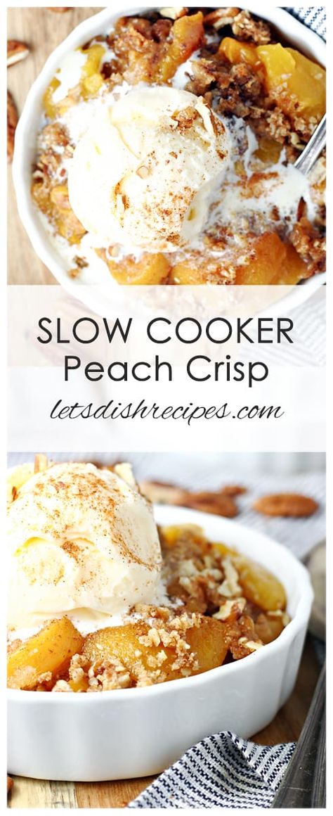 Crockpot Peach Dessert Recipes, Slow Cooker Crisp, Crock Pot Peach Crisp, Crockpot Peach Cobbler Fresh Peaches, Peaches Crockpot Recipes, Peaches In Crockpot, Healthy Crockpot Desserts, Peach Crockpot Recipes, Crockpot Pies