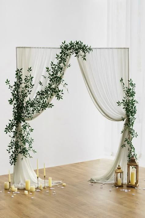 Wedding Arbour Draping, Curtain Ceremony Backdrop, Home Wedding Backdrop Ideas, Drapes And Flowers Backdrop, Wedding Arch With Curtains, Vintage Backdrop Wedding, Chiffon Wedding Decor, Eucalyptus Backdrop Wall, Wedding Backdrop Outside