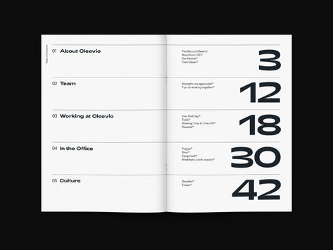 Cleevio — Handbook by Jaromir Kveton on Dribbble Numbered List Design, Table Of Contents Design Layout Creative, Contents Page Design, Table Of Contents Design, Contents Layout, Table Of Contents Page, List Design, Publication Design, Content Page