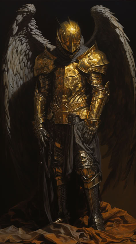 painting of a golden medieval knight, helmet with wings like hermes boots, 1970's dark fantasy art style, book cover art, surrealism: lifelike accuracy, volumetric lighting Hermes Fantasy Art, Winged Knight Art, Winged Boots Fantasy Art, Winged Helmet Knight, Gold Knight Fantasy Art, Armor With Wings, Sun Knight Fantasy Art, Fantasy Knight Helmet Design, Gold Knight Aesthetic