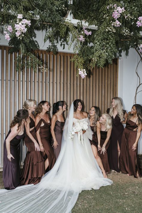 bridesmaids in mix and match brown gowns for an earthy and romantic boho beach wedding in Ibiza Ethereal Wedding Bridesmaid, Bridesmaid Brown Dress, Taupe Brown Bridesmaid Dresses, Braidsmaids Dresses Brown, Wedding And Bridesmaid Dresses, Brown And Pink Bridesmaid Dresses, Skin Tone Bridesmaid Dress, Brown Wedding Bridesmaid Dress, Brown Bridesmaid Dresses And Groomsmen