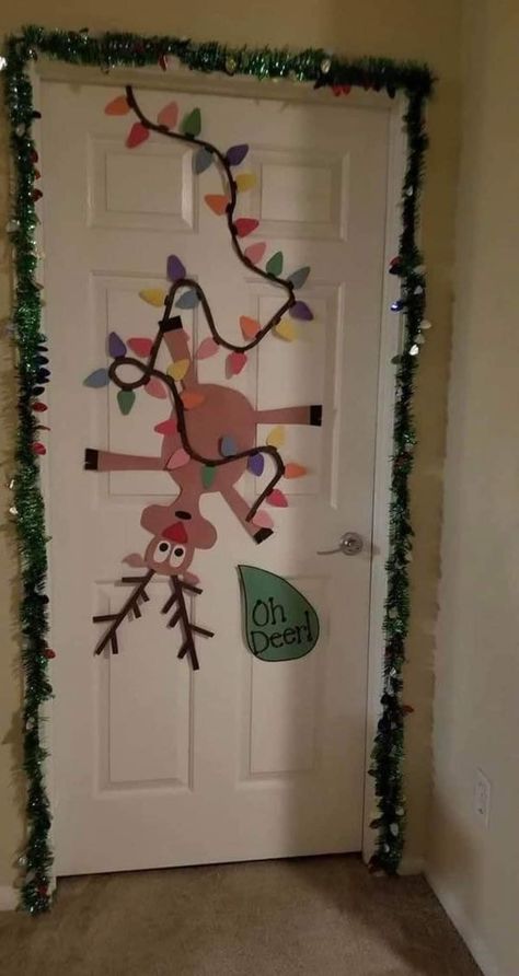 Christmas Decor Ideas For Nursing Home, Door Design For Christmas, Christmas Door Lights, Singing Reindeer Door Decoration, Christmas Bedroom Door Decor, Bedroom Door Christmas Decorations, Christmas Bedroom Door Ideas, Simple Christmas Door Decor, Cute Christmas Door Decorations