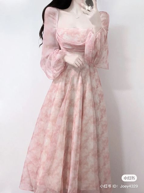 Square Neck Frock Designs, Vestidos Cottagecore, Pastel Pink Cottagecore Dress, Korean Princess Dress Aesthetic, Pink Princesscore Fairy Dress For Spring, Pink Dress Aesthetic Korean, Pink Long Sleeve Kawaii Dress, Gaun Koktail, Gowns Dresses Elegant