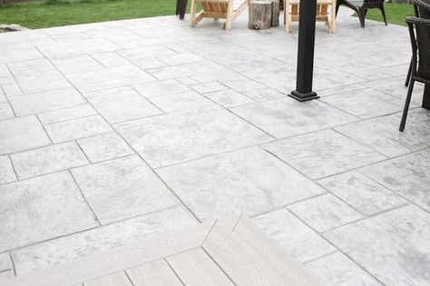 Stamped Concrete Patio Color Ideas, Light Stamped Concrete Patio, White Stamped Concrete Patio, Patio Pattern Ideas, Patio Overlay Ideas, Light Grey Stamped Concrete Patio, Stamped Concrete Patio Ideas Pool Decks, Stamped Concrete Pool Deck Ideas, Stamped Concrete Patio Colors