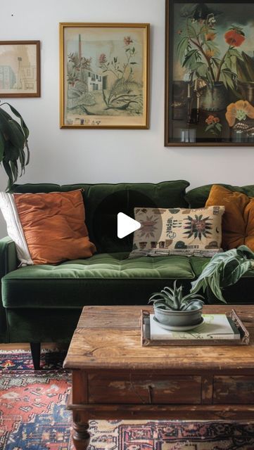 Mel Boyden | Green & Nature Inspired Interiors 🌿 on Instagram: "How to style a green sofa, four different ways. Which is your favourite? I’m definitely drawn to the 1st one, I love the rust colours and choice of artwork providing a wonderful bohemian vibe to your living room.   Green sofas have always been my go to colour for my living room. If you choose an olive or dark green, they are very versatile colours which help complement a wide range of interior styles, from modern to traditional. They can easily blend with various colour schemes and decor elements.  Green is also a colour that is often associated with nature, bringing a sense of calm and tranquility into the living space. This can create a soothing and relaxing environment. Emerald green, in particular, has a rich and luxuriou Olive Green Sofa Decor Ideas, Green Boho Sofa, Deep Green Sofa In Living Room, Green Sofa Rug Combo, Khaki Green Sofa, Olive Green Sofa Decor, Velvet Green Couch Living Room Ideas, Olive Couch Living Room Ideas, Olive Green And Brown Living Room