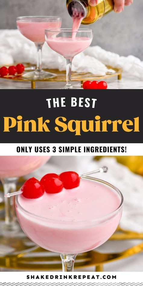 Pink Squirrel Drink, Pink Alcoholic Drinks, Shake Drink, Raspberry Drink, Valentine Drinks, Pink Squirrel, Liqueur Drinks, Creamy Cocktails, Strawberry Drinks