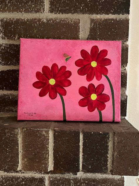 Easy Things To Paint On Canvases Flowers, Easy Picture To Paint, Cute Things To Paint For Valentines Day, Red Flower Painting Easy, Easy Canvas Flower Painting, Pink Flower Painting Easy, Cute Easy Painting Ideas On Canvas, Painting With Red Background, Valentine Paintings On Canvas