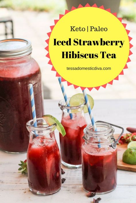 Keto Strawberry Hibiscus Tea - #hibiscustea #aguadejamaica #ketodrinkrecipes #ketostrawberryrecipes Keto Tea, Paleo Smoothie Recipes, Strawberry Hibiscus, Aqua Fresca, Blackberry Smoothie, Carb Dishes, Kids Juice, Drink Recipes Nonalcoholic, Iced Tea Recipes