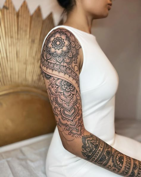 Henna Upperarm Tattoo 🤍 (Forearm healed) 📍Los Angeles 💌 anaischabanetattoo@hotmail.com • • • • • • • • • • • • • • #tattoo… | Instagram Mandala Woman Tattoo, Henna Tattoo Sleeve Women, Mandala Tattoo For Shoulder, Chakra Sleeve Tattoos For Women, Women’s Mandala Sleeve Tattoo, Mandala Back Tattoos For Women, Boho Shoulder Tattoos For Women, Back Of Arm Mandala Tattoo, Henna Arm Sleeve Tattoo