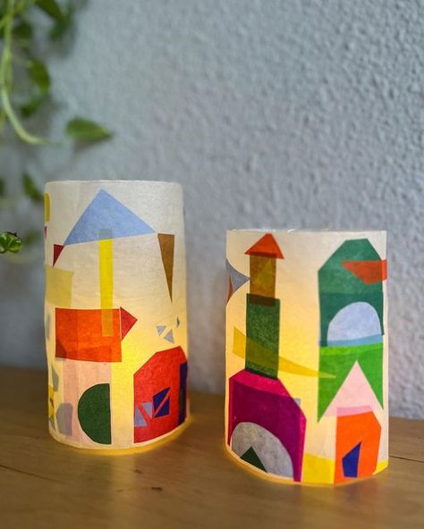 Margareta Amelia Miranti on Instagram: "Tissue paper collage lantern 🕯️🌈 . We turned our artwork into a lantern!  Tips : Don’t glue the artwork, just use little tape so that it won’t damage the artwork & it can be dettached from the plastic bottle easily. Thanks again @thelittleartistsroom for the idea 🫶🏻 . . . . . #recycleandplay #recycledcraft #toddlerscraft #playathome  #craftingwithkids  #reducereuserecyle  #wearecardboardfolk #homeschooldailyapple  #ministylemag  #recyclemeplay  #kidcrafts #invitationtocreate #kidscraft01 #bastelnmitkindern  #bastelideen #bastelnmitpapier #kreativmitkindern #montessoriaktiviteleri #funbudgetplay #processart #processartforkids #easyartforkids #kidsart #learningthroughplay #fantasyhasreallynolimits" Creative Activities For Kindergarten, Paper Made Things, Vellum Lanterns Diy, Art Activities For School Age Children, Handmade Gifts For Kids To Make, Easy Paper Crafts For Adults, Hanukkah Art Projects For Kids, Summer Christmas Crafts, Kids Crafts Spring