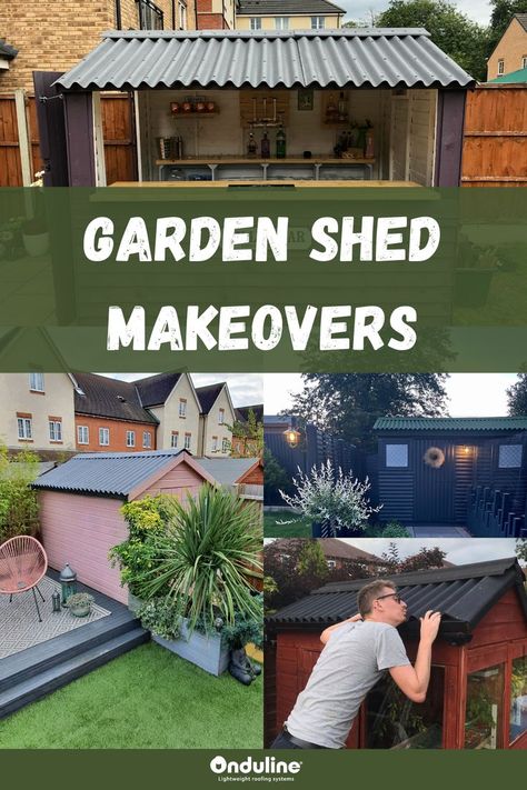 Give your shed a makeover this summer with these easy DIY friendly ideas! #gardenshed #mancave #sheshed #sheddiy #gardendiy Brick Shed Makeover, Exterior Shed Makeover, Painting A Shed Ideas, Shed Landscaping Ideas Easy Diy, Decorating Sheds Exterior, Storage Shed Paint Ideas, Painted Sheds Ideas Backyards, Old Metal Shed Makeover Ideas, Homemade Shed Ideas