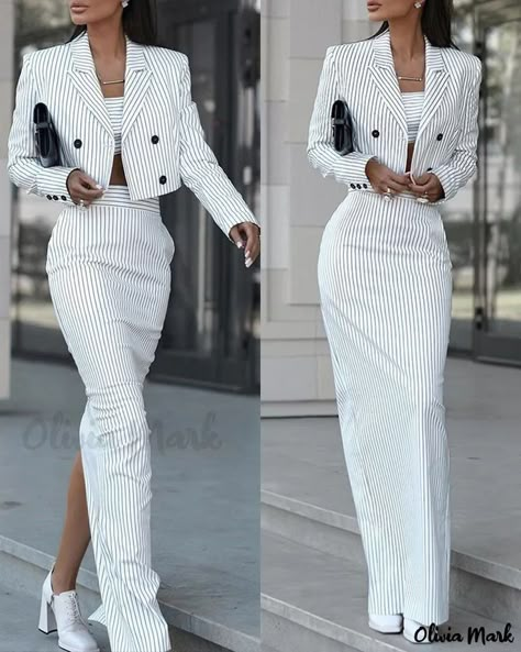 Women Blazer Design, Olivia Mark Clothing, Car Dealership Outfits Women, Crop Suit Outfit, Blazer Over Dress Outfits, Waist Coat Outfit Women, Off Shoulder Blazer, Linen Pants Set, Skirt Suits For Women