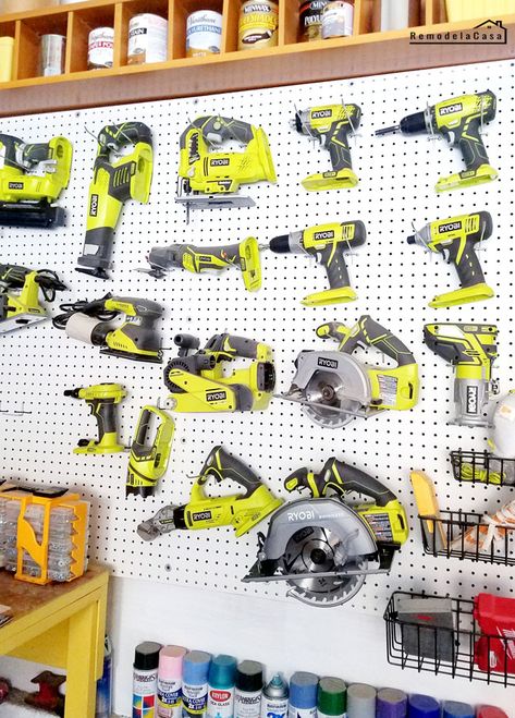 Ryobi power tools in pegboard   #thdprospective Power Tool Organization, Tool Pegboard, Ryobi Power Tools, Pegboard Garage, Pegboard Ideas, Power Tool Organizer, Garage Organization Tips, Garage Organizing, Garage Organisation