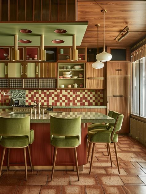 Modern Retro Studio Apartment, Pub Kitchen Design, Retro Vintage Home Interior Design, Modern 90s Interior Design, Fun House Interior, Vintage Revival Interior Design, Vintage Italian Kitchen Aesthetic, Vintage Kitchen Colors, Retro Modern House