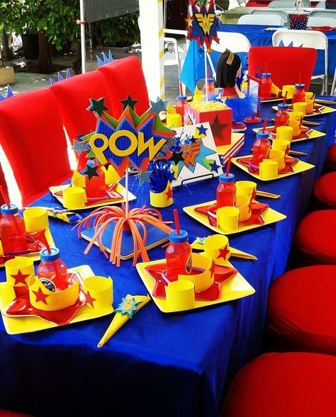 Wonder Woman  Birthday Party Ideas | Photo 1 of 17 Wonder Woman Birthday Party Ideas, Woman Birthday Party Ideas, Wonder Woman Decorations, Dc Superhero Girls Party, Wonder Woman Birthday Party, Women Party Ideas, Superhero Party Decorations, Girl Superhero Party, Wonder Woman Party