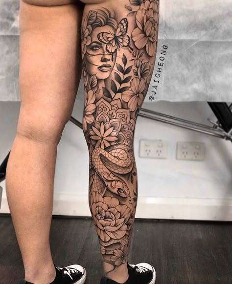 Womens leg tattoo Women Full Leg Sleeve, Leg Sleeve Pieces, Dark Feminine Leg Sleeve, Women Back Leg Tattoo, Back Leg Sleeve Tattoo, Female Full Leg Tattoos, Small Female Chest Tattoo Ideas, Women With Leg Sleeves, Back Of Your Arm Tattoo