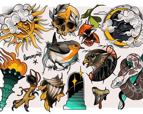 Neo Traditional Sleeve Design, Neo Traditional Bird Tattoo Design, Neotraditional Flash Sheet, Neo Trad Flash Sheet, Neo Traditional Flash Tattoo, Neo Traditional Flash Sheet, Neotraditional Tattoo Flash Sheet, Neotrad Flash, Neo Trad Tattoo Design