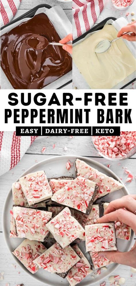 This Sugar-free Peppermint Bark is such an easy delicious keto / low-carb candy treat that's reminiscent of Christmases past, and perfect for snacking and gifting during the Holidays. You'll love how easy and delicious this keto peppermint bark recipe is! I've remade a traditional Christmas treat into a healthy peppermint bark will knock your socks off! sugar free white chocolate peppermint bark | healthy dark chocolate peppermint bark | dairy-free peppermint bark | vegan peppermint bark Easy Peppermint Bark, 4 Ingredient Recipes, Bark Recipe, Peppermint Bark, Chocolate Baking, Low Sugar, Candy Recipes, Holiday Treats, Christmas Treats