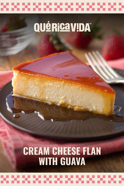 Cream Cheese Flan with Guava Mini Guava Cheesecake, Guava Paste Recipes Desserts, Flan Flavors, Guava Recipes Healthy, Guava Flan, Guava Cream Cheese, Guava Cheesecake, Guava And Cheese, Guava Desserts