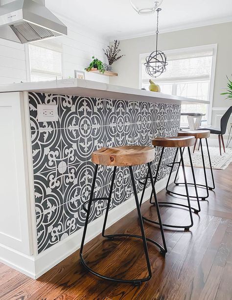 Wallpaper Kitchen Island, Drawer Microwave, Metal Barstools, Bar Tile, Patterned Tile, Condo Kitchen, Kitchen Wallpaper, Kitchen Redo, Updating House