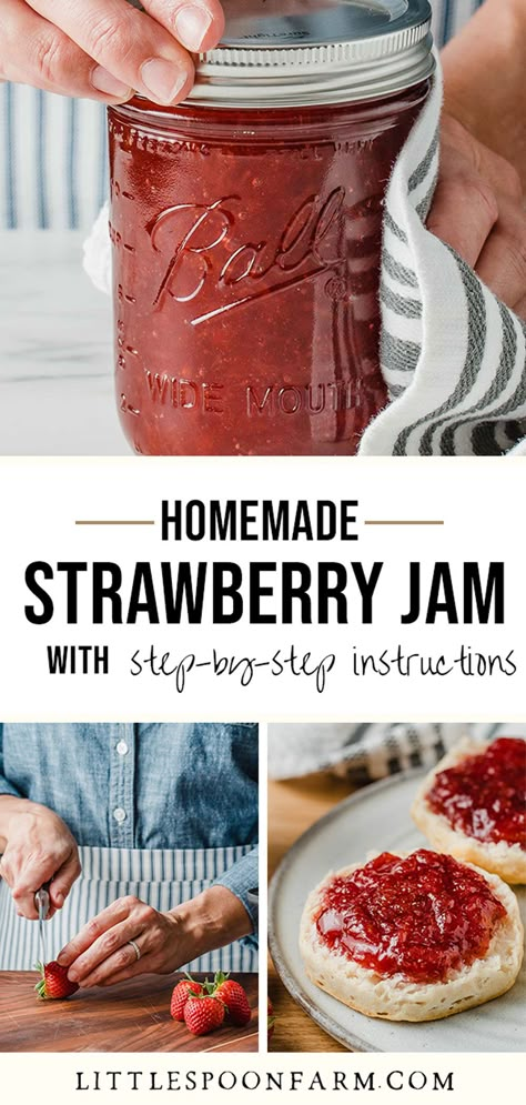 This strawberry jam is the easiest jam recipe to make without pectin. A soft, smooth texture, that's full of fresh berry flavor and spreads like a dream! It's an easy way to make fresh tasting, low sugar jam and we've included easy canning instructions. You don't have to can this jam, as it can be stored in the fridge for up to 2 months. It's the best recipe for capturing the taste of summer all year long! Shelf Stable Strawberry Jam, Canned Strawberry Jam Without Pectin, Fresh Strawberry Preserves, Organic Strawberry Jam, Fresh Jam Recipes, Canning Recipes For Strawberries, Pectin Free Strawberry Jam Easy, How To Can Jam Without A Canner, Strawberry Preserves Recipe Canning