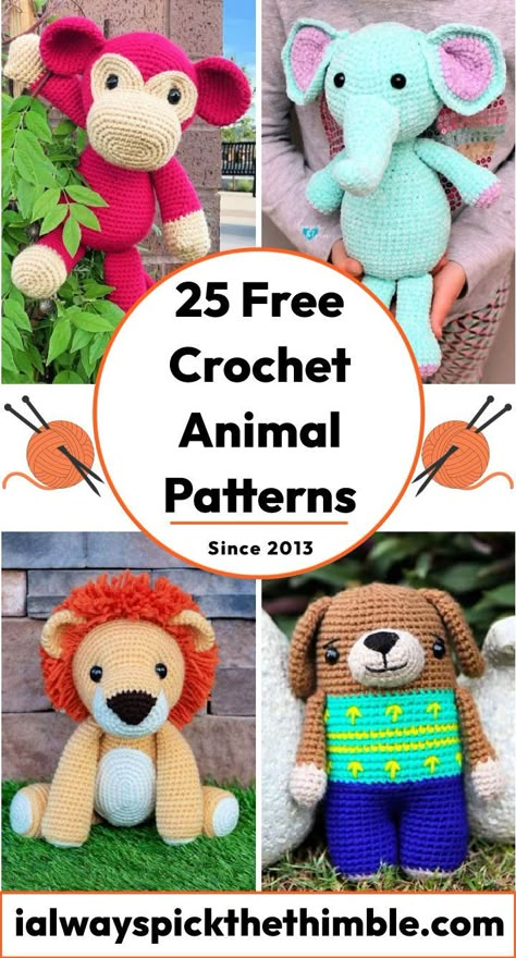 25 Free Crochet Animal Patterns (Animals Amigurumi) Free Crochet Pattern For Stuffed Animals, Crochet Pattern For Animals, Free Crochet Animal Patterns Easy, Crochet Animal Toys, Crochet Wild Animals, Crochet Free Animal Patterns, Crocheted Animals Free Patterns Easy, Granny Square Crochet Animals, Crochet Animal Patterns Free Amigurumi