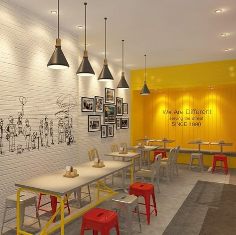 Small Restaurant Design Interiors Simple, Small Fastfood Design, Canteen Ideas Interior Design, Food Office Design, Cafe Interior Design Ideas Inspiration, Fastfood Interior Design Ideas, Fastfood Restaurant Interior, Pizza Cafe Interior Design, Burger Cafe Design