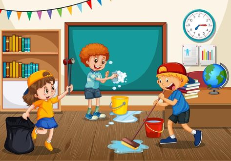 Scene with students cleaning classroom together Cleaning Classroom, Student Cleaning, Cleaning Drawing, Cleaning Cartoon, Clean Classroom, School Clean, Classroom Pictures, Classroom Clipart, House Cartoon