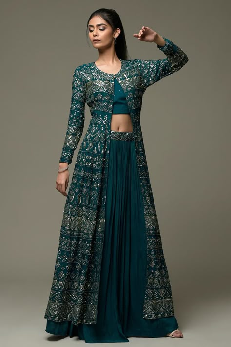 Buy Peacock Green Crepe Sequins Embroidered Jacket Lehenga Online | Samyakk Indo Western Outfits For Women, Jacket Lehenga, Sangeet Outfit, Function Dresses, Western Dresses For Women, Simple Lehenga, Trendy Outfits Indian, Lehenga Designs Simple, Simple Gowns