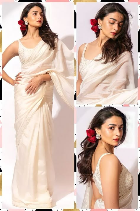 Hairstyles For White Saree, White Saree Look Traditional, White Saree Makeup Look Simple, Gangubai Hairstyle, White Saari Ideas, White Saree Look For Party, White Saare Looks, Gangubai Saree, Sari Hair Styles Indian Fashion