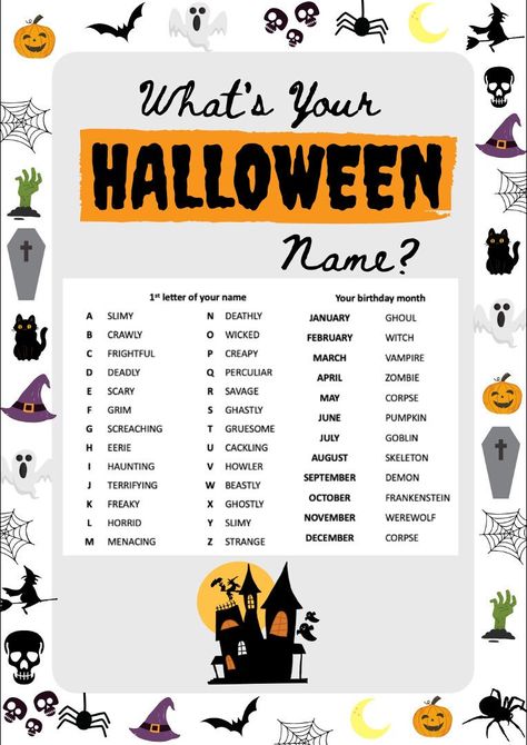 Whats Your Halloween Name Game, Halloween Name Generator, Online Halloween Games, Halloween Roleplay Ideas, What Is Your Halloween Name, Halloween Names For Party, Halloween Pass The Parcel, Halloween Themed Names, What’s Your Halloween Name