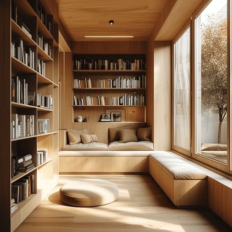 21 Stunning & Chic Cozy Reading Nook Ideas that you need to see Japandi Reading Nook, Wall Nook Ideas, Bedroom With Reading Nook, Cozy Library Room Ideas, Living Room Library Ideas, Cozy Library Room, Reading Nook In Bedroom, Roof Apartment, Reading Nook Window