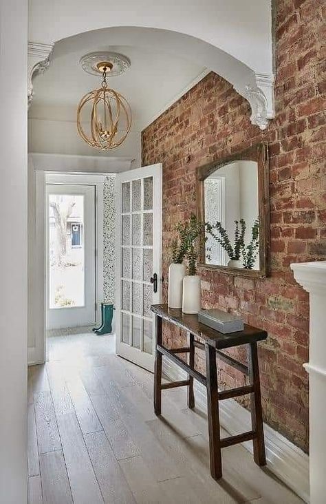 Flooring For Brick Wall, Face Brick Wall Interiors, Brick Wall Wood Floor, Flooring With Brick Walls, White Fake Brick Wall, Brick Wall Accent Ideas, Light Brick Interior Wall, Mirror Brick Wall, Photos On Brick Wall