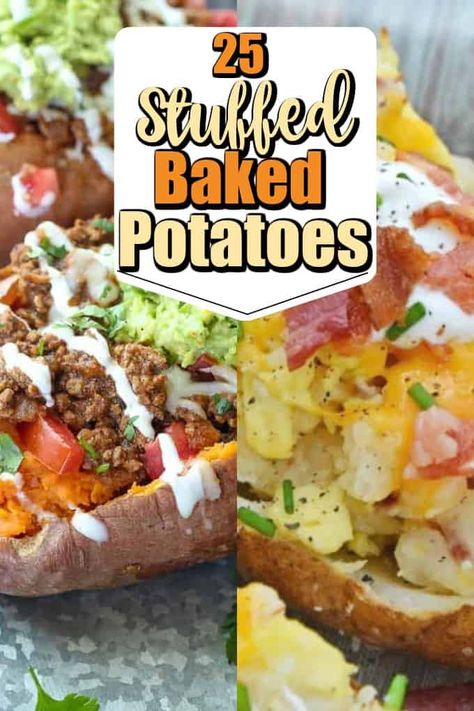 These 25 Awesome Stuffed Baked Potato Recipes are pure comfort food but some are very healthy too! These stuffed potatoes can easily be an entire meal. Meat Stuffed Baked Potatoes, Bbq Loaded Baked Potato, Gourmet Baked Potato, Loaded Baked Potato Bar Toppings, Stuffed Jacket Potato Recipes, Baked Potatoes With Meat, Stuffed Baked Potato Recipes, Sides Potatoes, Bbq Baked Potatoes