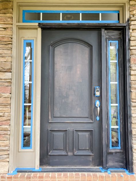 painting front door Brown House Black Door, Front Door With Sidelights Brick House, Yellow House Black Door, Front Door Repainting, Painting Front Door With Sidelights, Before And After Front Door Makeover, Front Door With Sidelights Paint Ideas, Black Craftsman Front Door, Front Doors With Side Lights