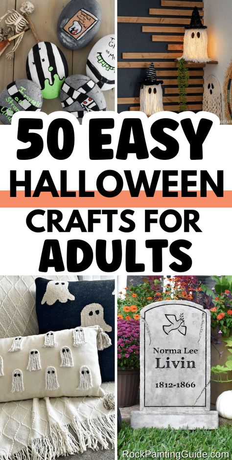 Inside: Discover 50 super easy adult crafts for Halloween that will transform your home into a spooky haven! Get inspired with creative Halloween wreath ideas, spooky welcome mats, delightful candy corn crafts, and much more. You’re bound to fall in love with these bewitching DIY projects! Easy Halloween Crafts For Seniors, Adult Halloween Craft Party, Make Your Own Halloween Decorations, Halloween Adult Craft Ideas, Halloween Crafts To Do With Kids, Halloween Easy Diy Decorations, Halloween Home Made Decorations, Craft Ideas For Halloween, Halloween Crafting Ideas