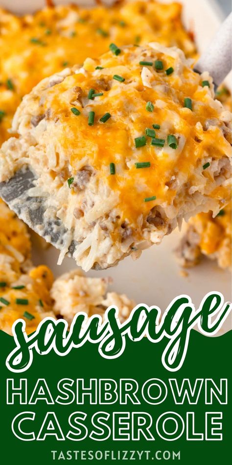 Need a delicious and hearty recipe for brunch? This Sausage and Hash Brown Casserole is sure to hit the spot! This no eggs dish is packed with sausage, creamy hash brown potatoes, and melted cheese. Hashbrown Sausage Egg Casserole, Sausage Hash Brown Casserole, Egg And Cheese Casserole, Hashbrown Casserole Easy, Sausage Hashbrown Breakfast Casserole, Breakfast Bakes, Sausage Potato Soup, Hashbrown Casserole Recipe, Cheesy Hashbrown Casserole