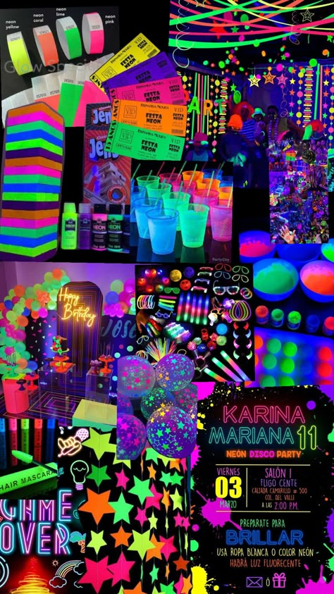 Uv Glow Party, Neon Birthday Party Aesthetic, 90s Neon Party, Neon Party Theme Ideas, Glow Disco Party, Trippy Party Ideas, Glow In The Dark Party Aesthetic, Glow In The Dark Birthday Ideas, Neon Party Activities