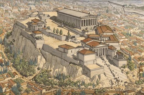 Acropolis Greece, Greece Architecture, Ancient Athens, Ancient Greek City, Bangunan Minecraft, Athens Acropolis, Historical Illustration, Empire Romain, Ancient Greek Architecture