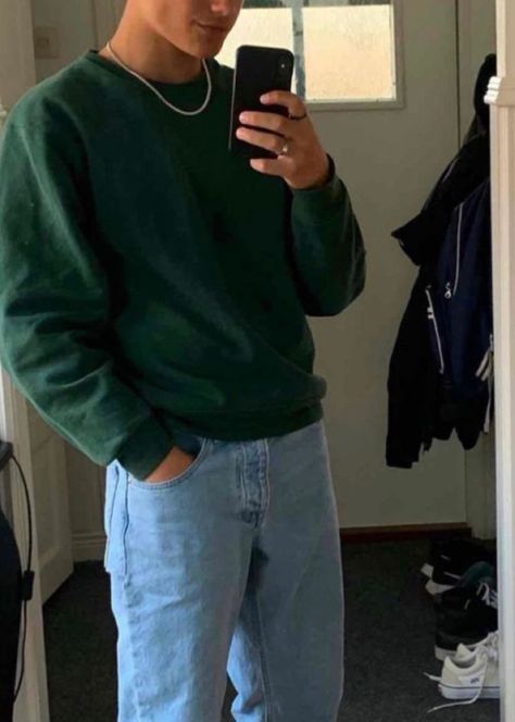 Green Crew Neck Outfit Men, Forest Green Crewneck Outfit, Green Shirt Blue Jeans Outfit Men, Men’s Crew Neck Outfit, Green Jumper Outfit Men, Green Hoddies Outfits Ideas Men, Dark Green Sweatshirt Outfit Men, Men’s Crewneck Outfit, Mens Crew Neck Sweater Outfit