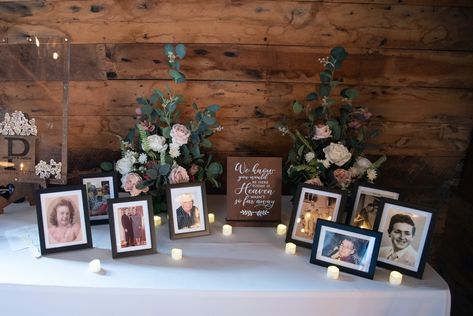 Memorial table Picture Table For Wedding, Unique In Memory Wedding, Wedding Missed Loved Ones Memory Table, Simple Memory Table Wedding, Honoring Loved Ones At Wedding Table, Memory Spot At Wedding, Past Relatives At Wedding, Forever In Our Hearts Wedding Table, Wedding Honor Table