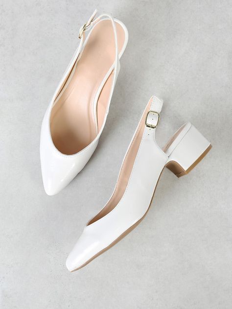 Patent Pointed Toe Slingback Pump WHITE -SheIn(Sheinside) Elegant Shoes Heels, Work Shoes Women, Shoes Socks, Dark Romantic, Mid Heels Pumps, Graduation Dresses, Chic Shoes, Girly Shoes, Shoe Inspo