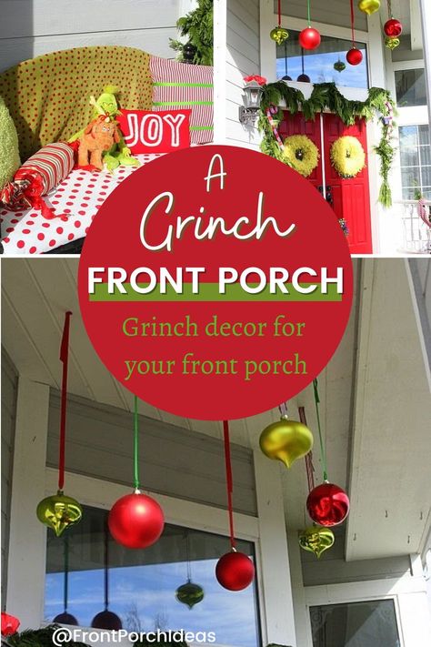 Make your front porch stand out this holiday season and create the ultimate Grinch front porch. We will show you how to easily create a grinch themed front porch this holiday season. Diy Christmas Present Yard Decorations, Outdoor Grinch Decorations Front Porches, Grinch Front Yard Decor, Grinch Christmas Front Porch, Grinch Front Yard, Grinch Taking Lights Off House, Front Porch Grinch Christmas Decor, Grinch Front Porch Ideas, Grinch Christmas Porch Decor