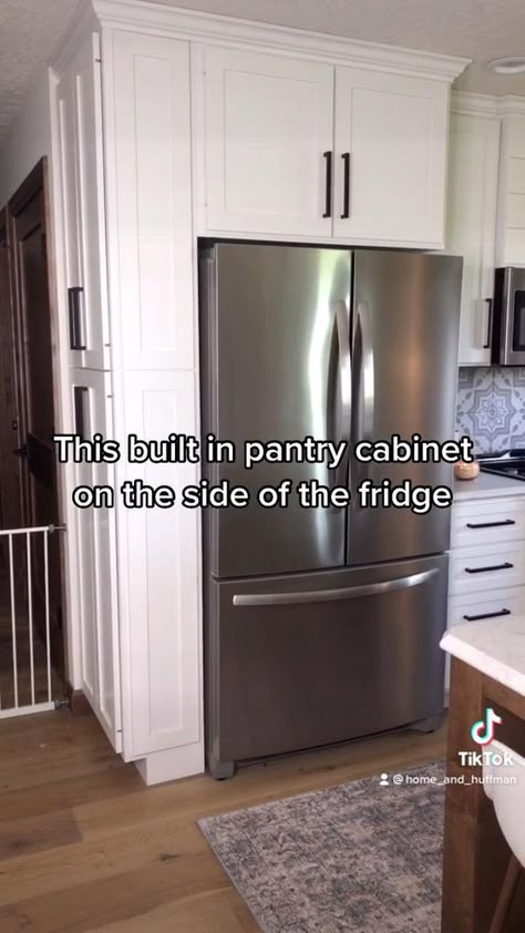 Pantry Cabinet By Fridge, Side Pantry Cabinet Kitchen Storage, Pantry Side Of Fridge, Fridge Beside Pantry, Side Fridge Pantry, Side Pantry Cabinet, Around The Refrigerator Cabinets, Pantry On Side Of Fridge, Pantry On End Of Fridge